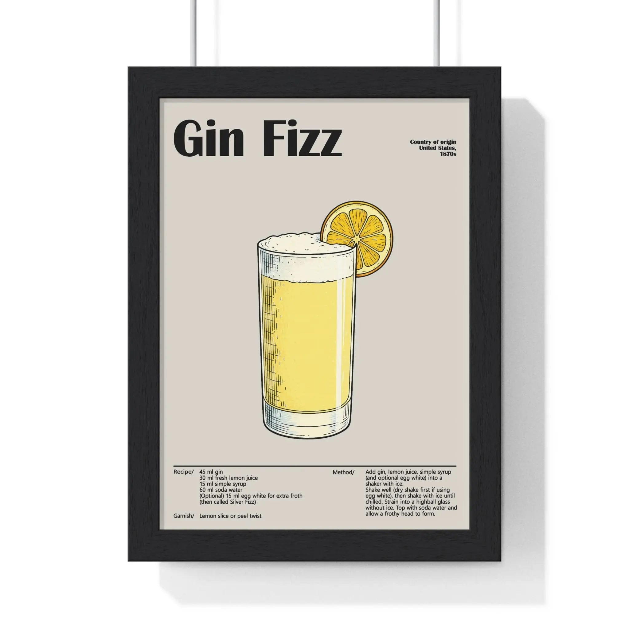Gin Fizz Cocktail Poster – Bright Classic Drink Wall Art – Framed or Unframed
