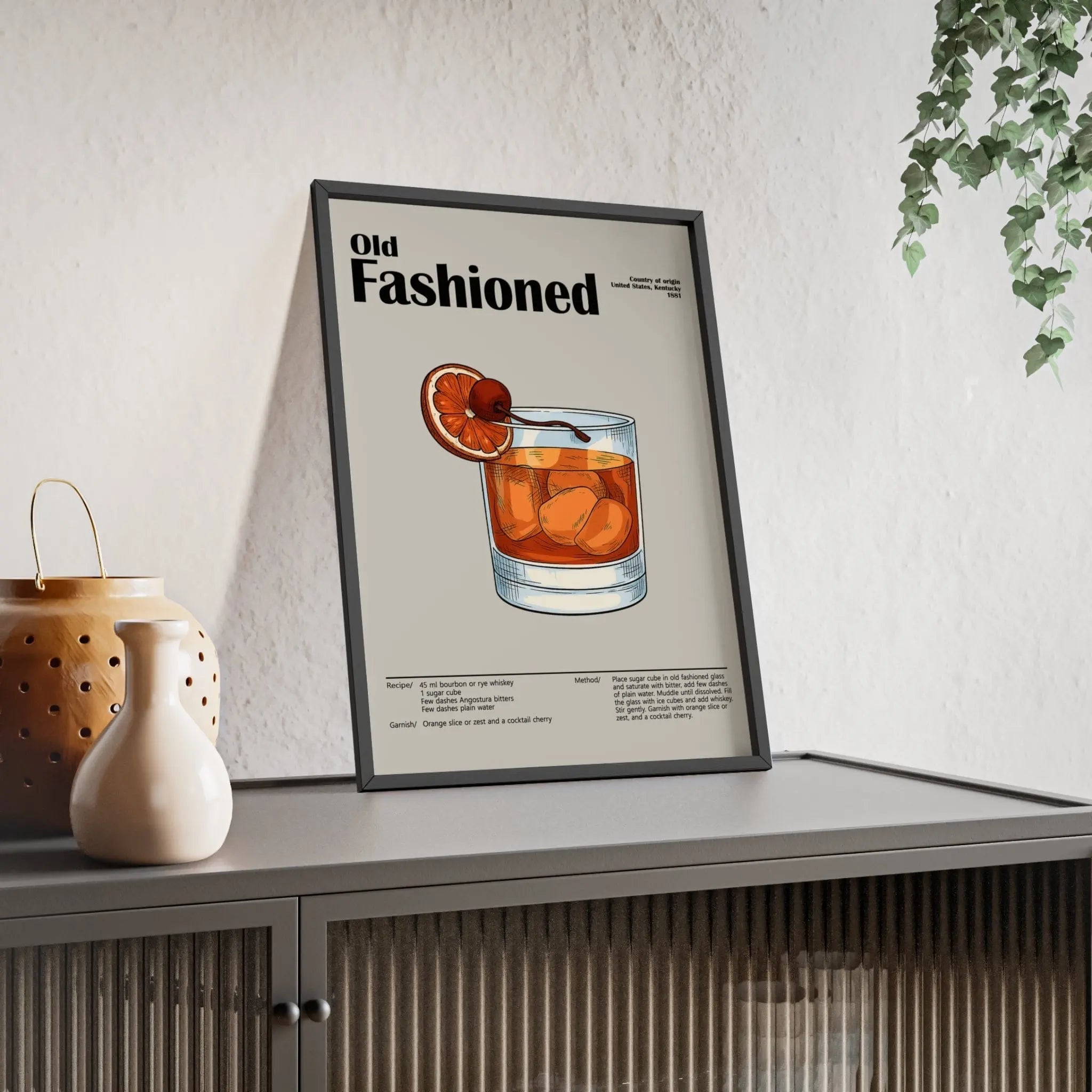 Old Fashioned Cocktail Poster – Vintage Whiskey Drink Print – Framed or Unframed