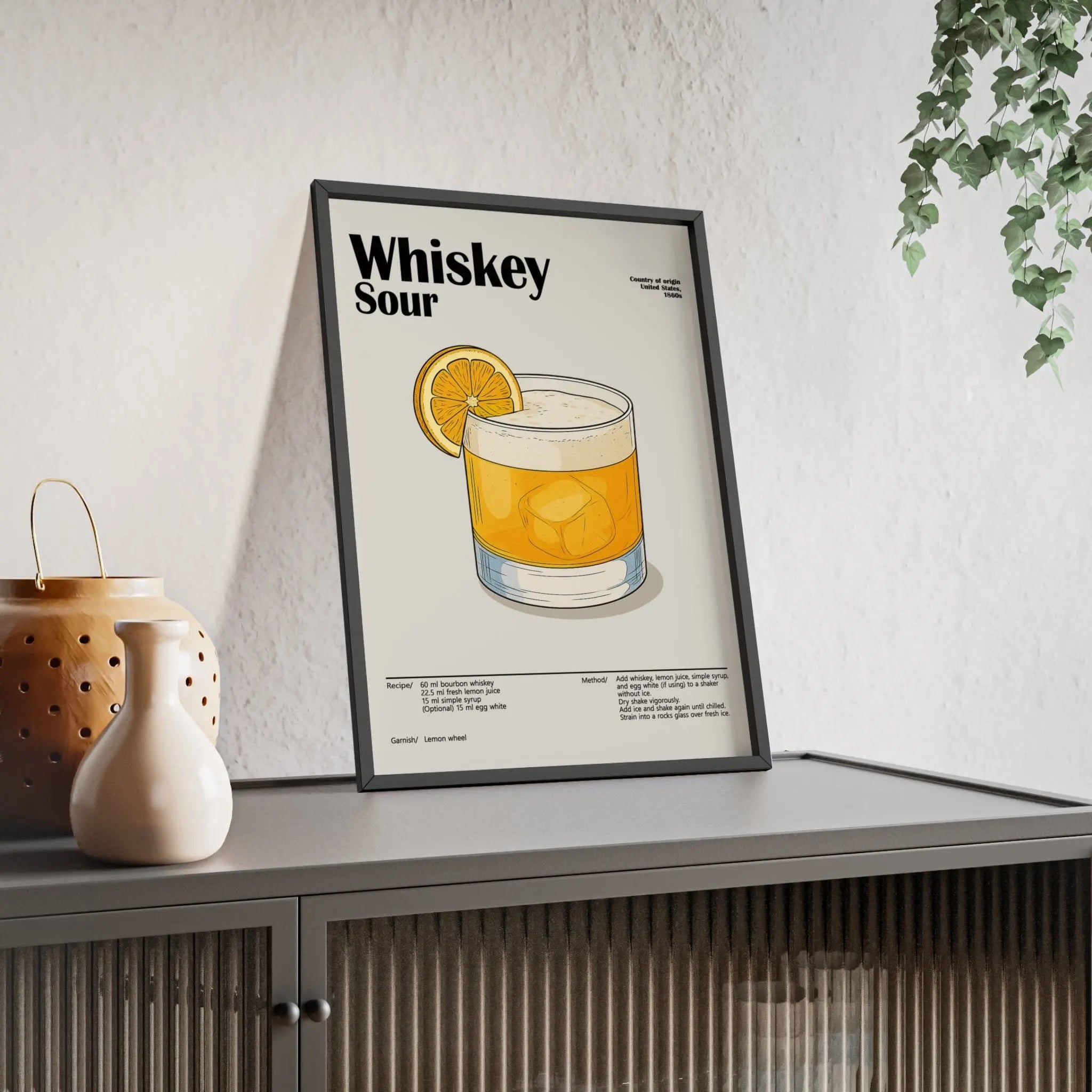 Whiskey Sour Cocktail Poster – Classic Whiskey Wall Art – Framed or Unframed
